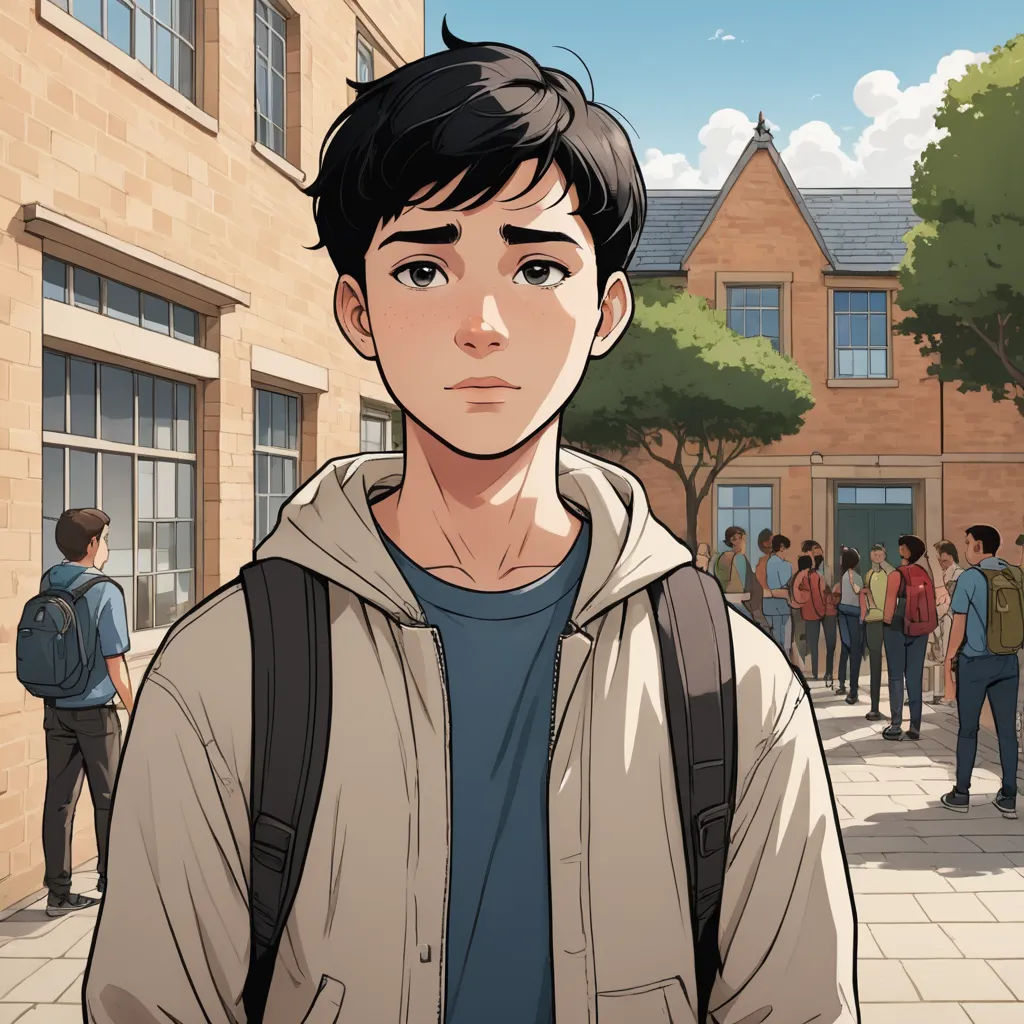 a man standing in front of a building with a backpack on his shoulder and a group of people walking around, serial art, a character portrait, David Park, graphic novel