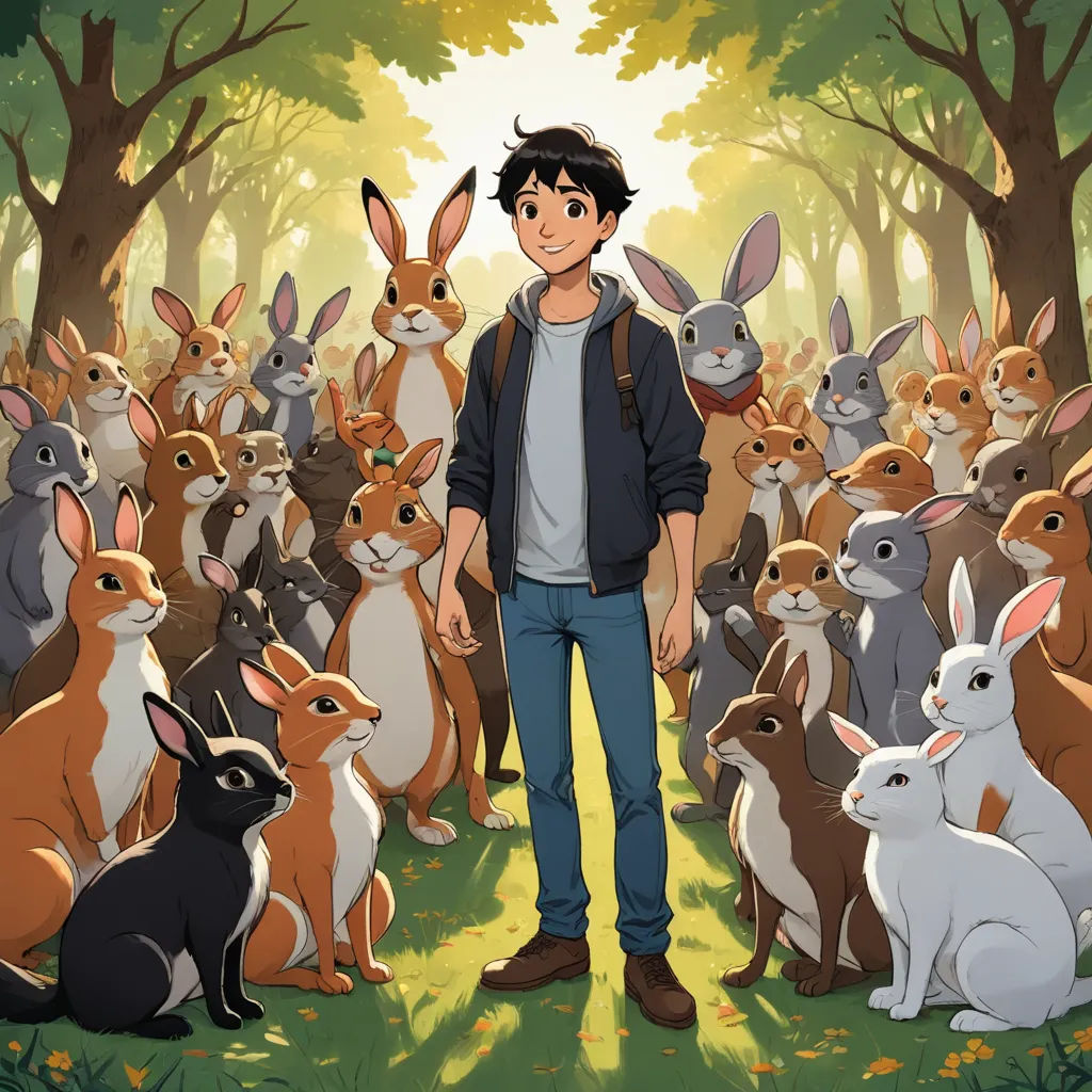 a man standing in front of a bunch of rabbits in a forest with trees and grass behind him and a forest full of rabbits, furry art, a storybook illustration, David Park, official art