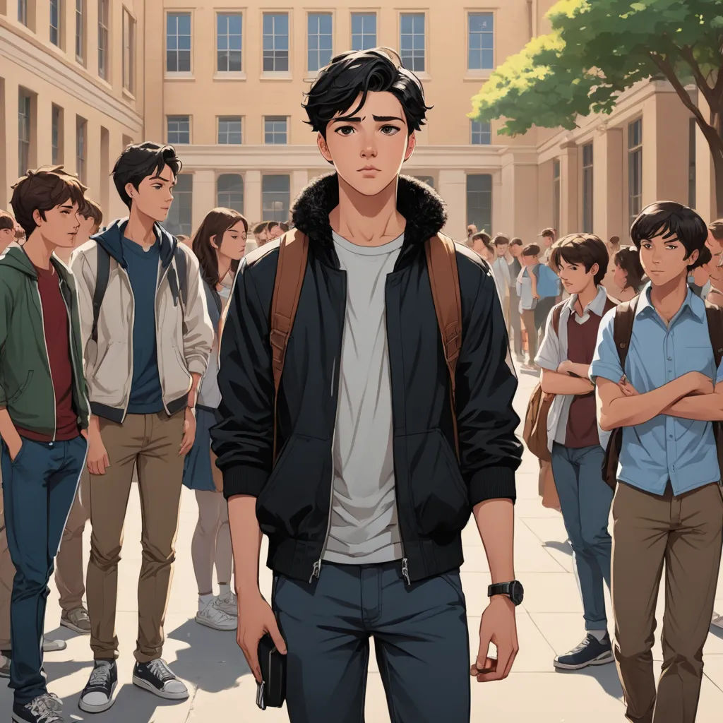 a man standing in front of a group of people in a city street with a backpack on his shoulder, sots art, a comic book panel, David Park, official art