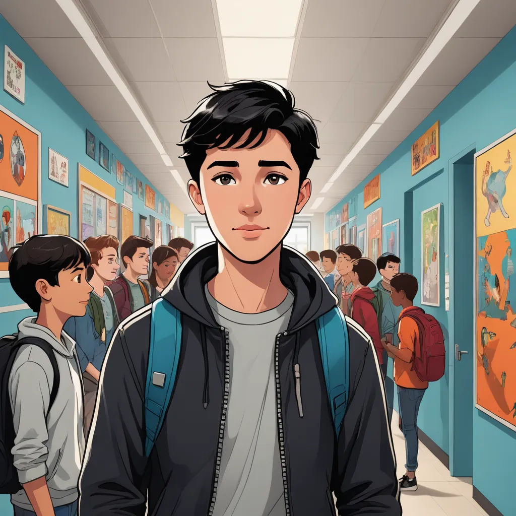 a man standing in a hallway with a group of people in the background and a cartoon of him in the foreground, serial art, a comic book panel, David Park, graphic novel