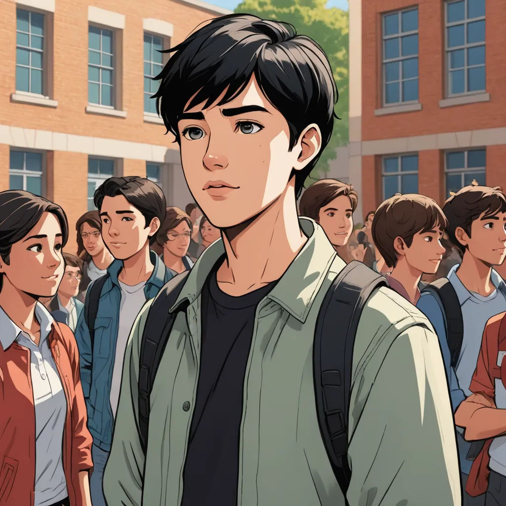 a group of people standing in front of a building with a man in a green shirt and a backpack, paris school, a comic book panel, David Park, graphic novel
