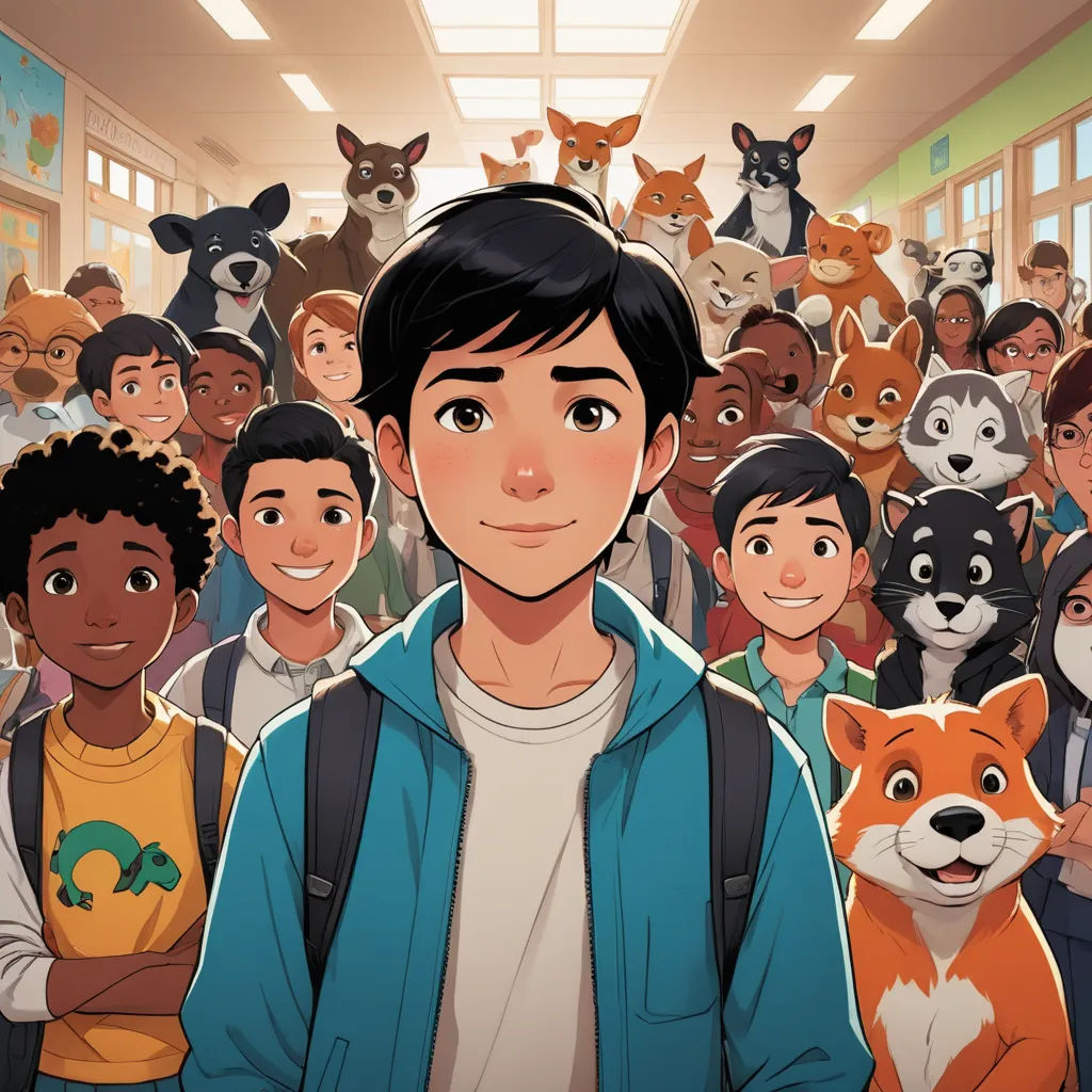 a man standing in front of a crowd of people with a dog on his shoulder and a cat on his shoulder, furry art, a comic book panel, Adam Rex, comic cover art