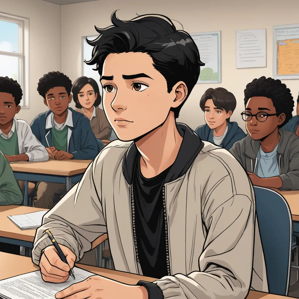 a cartoon of a man sitting at a desk in front of a group of people in a classroom with a pen and paper, serial art, a comic book panel, Cedric Seaut (Keos Masons), official art