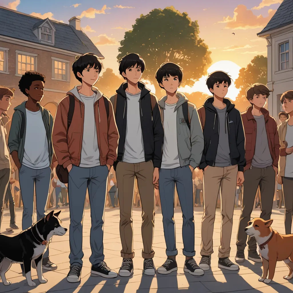 a group of young men standing next to each other on a sidewalk with a dog in front of them, rayonism, concept art, Brothers Hildebrandt, official art