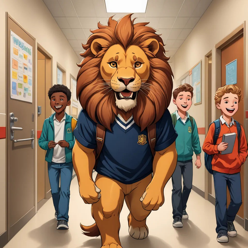 a lion in a school hallway with children walking by it and a man in a blue shirt is smiling, furry art, a storybook illustration, Chris LaBrooy, official art