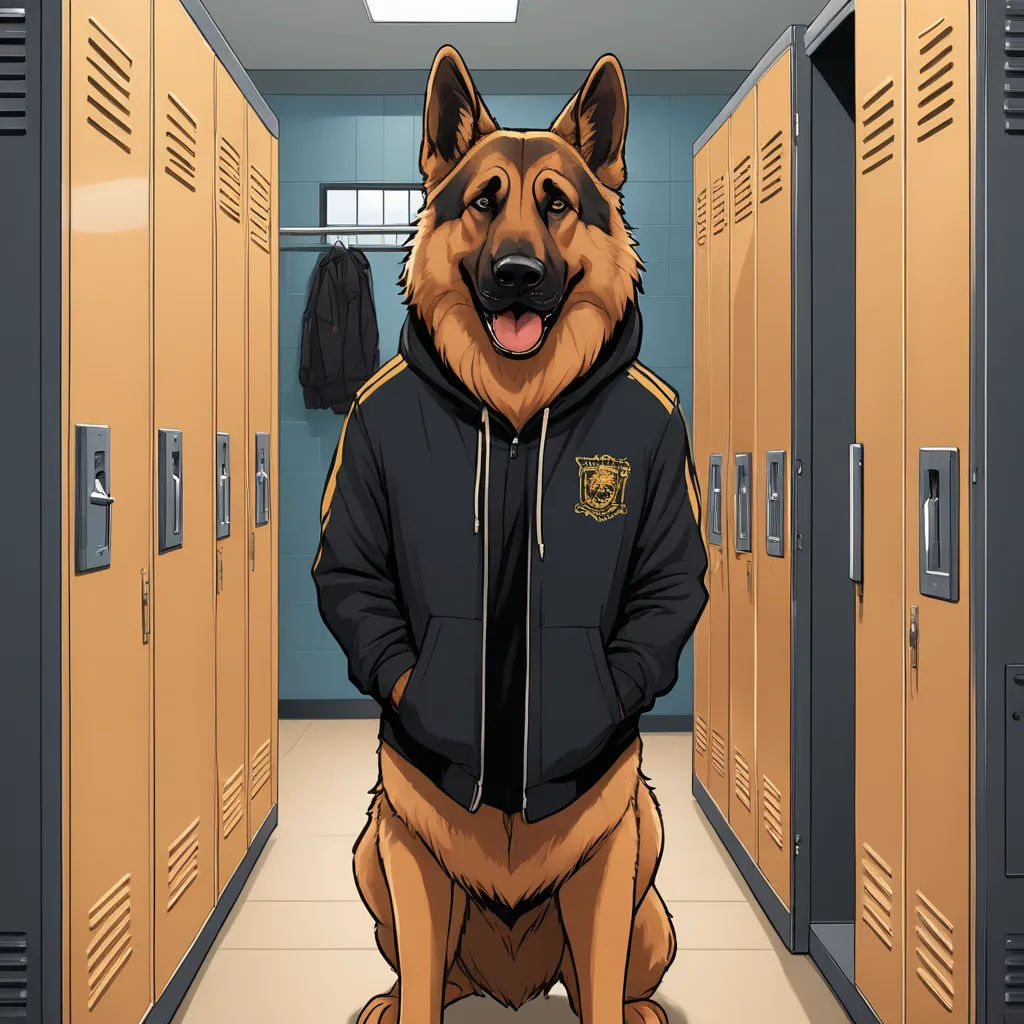 a dog sitting in a locker room with a man in a black jacket standing next to it and a locker, furry art, a character portrait, Altichiero, trending on furaffinity