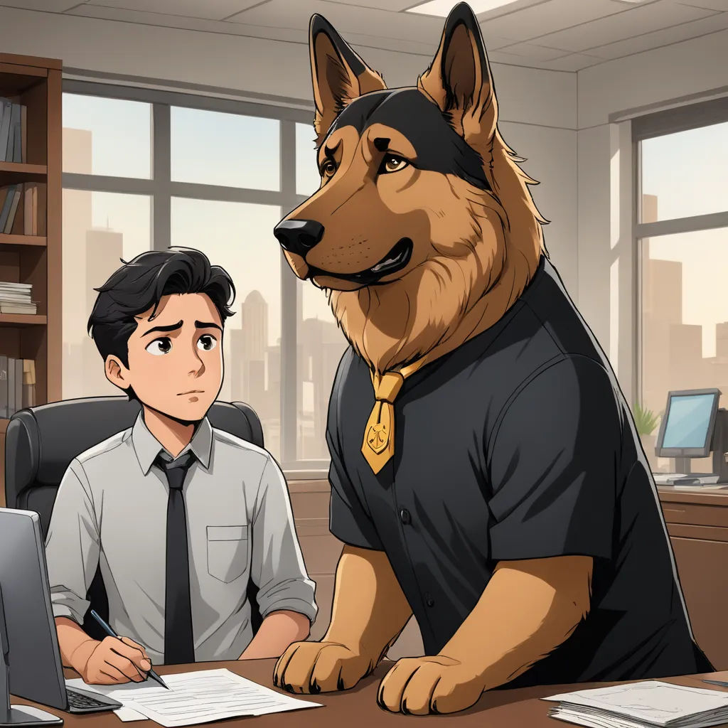 a man sitting at a desk with a dog on his lap next to him and a man in a shirt and tie, furry art, a stock photo, Adam Manyoki, trending on furaffinity