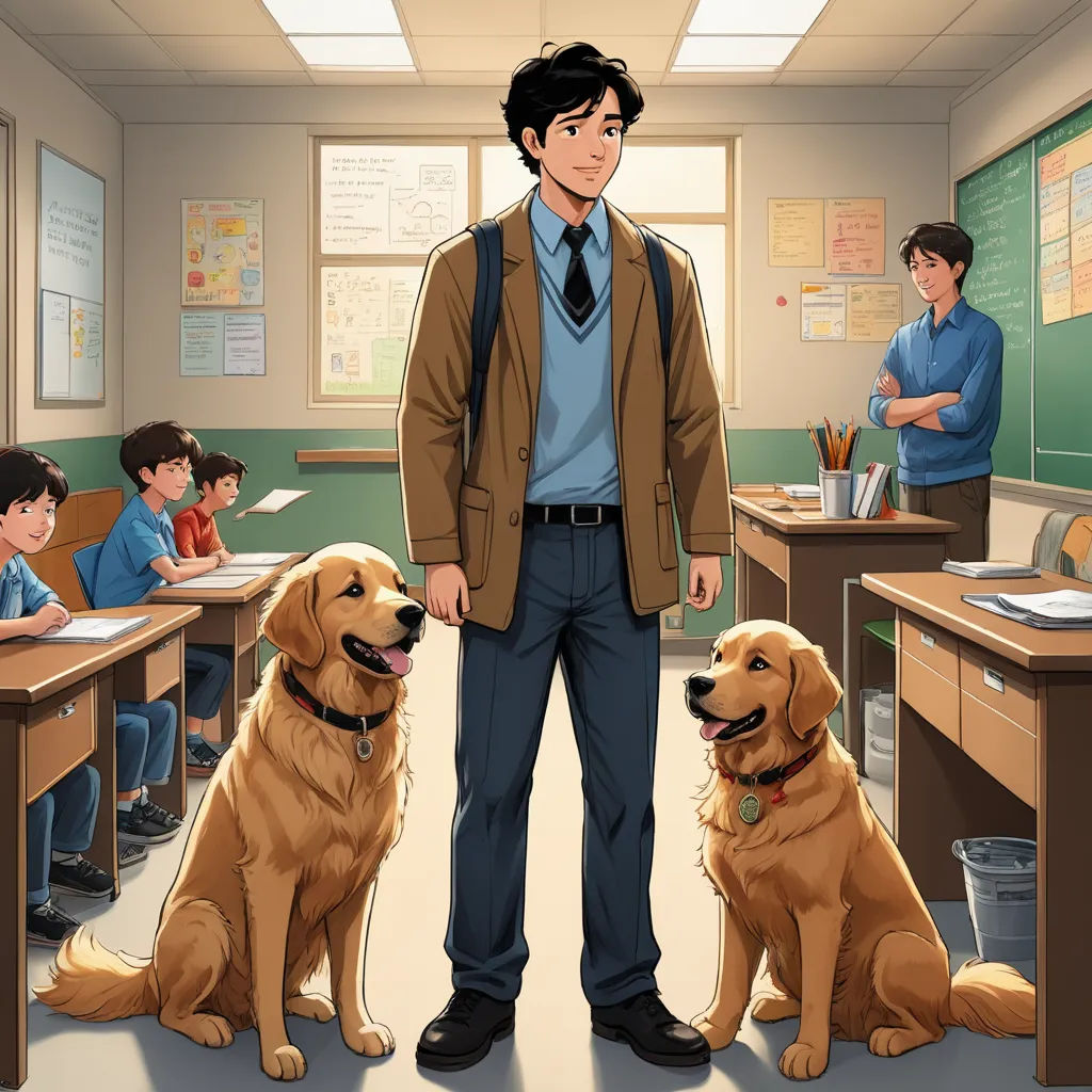 a man standing in front of a classroom with two dogs sitting on the floor and a man standing in front of him, naive art, a character portrait, Chen Hong, official art