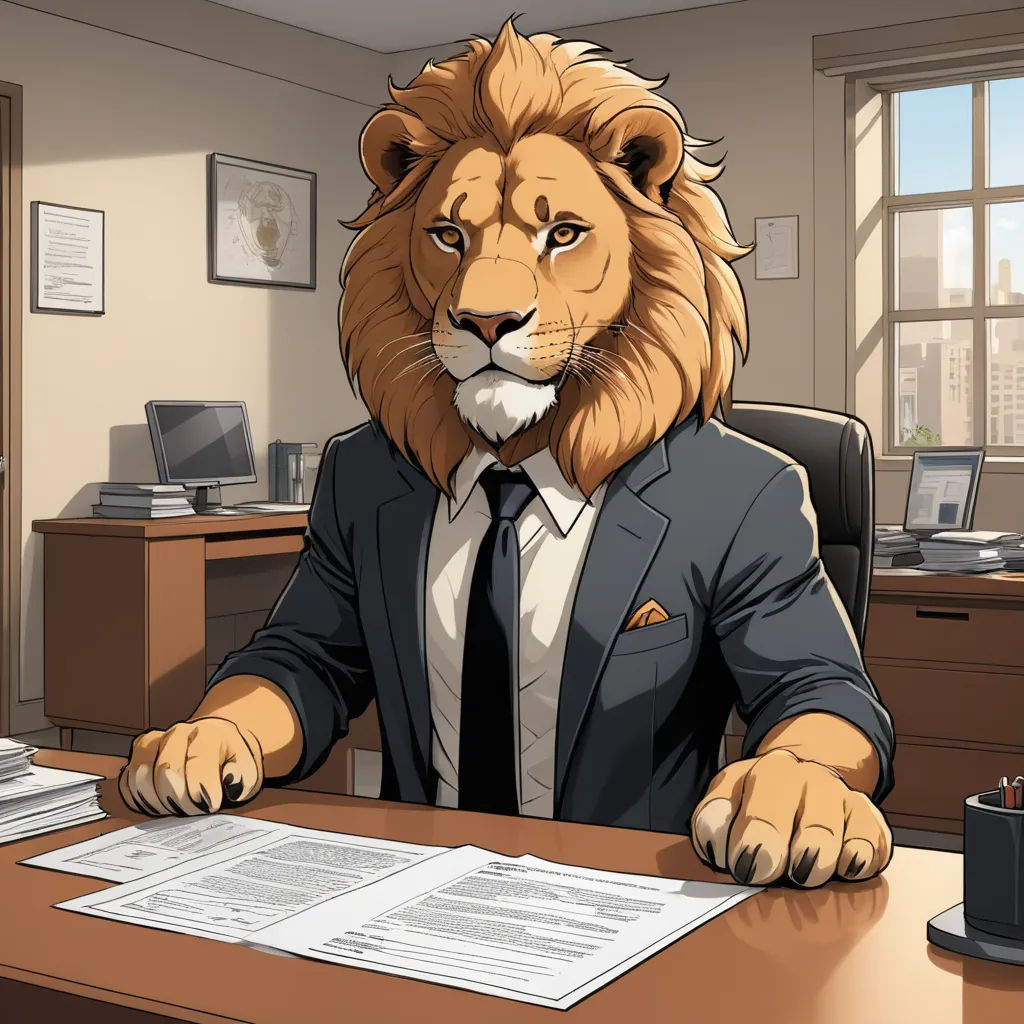 a lion in a suit sitting at a desk with a paper in front of him and a cup of coffee, furry art, a character portrait, Carlos Catasse, trending on furaffinity