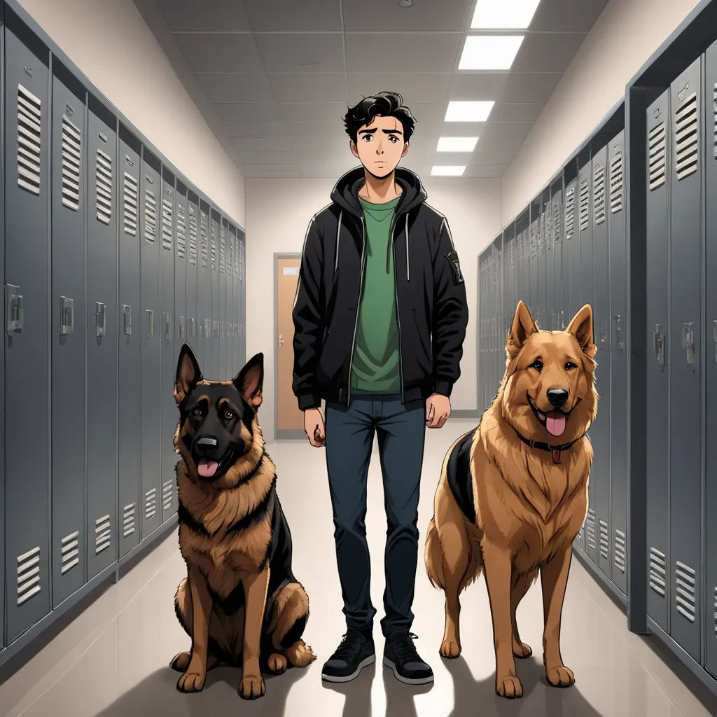 a man standing in a hallway with two dogs next to him and a locker behind him with doors open, sots art, a character portrait, Adam Manyoki, official art