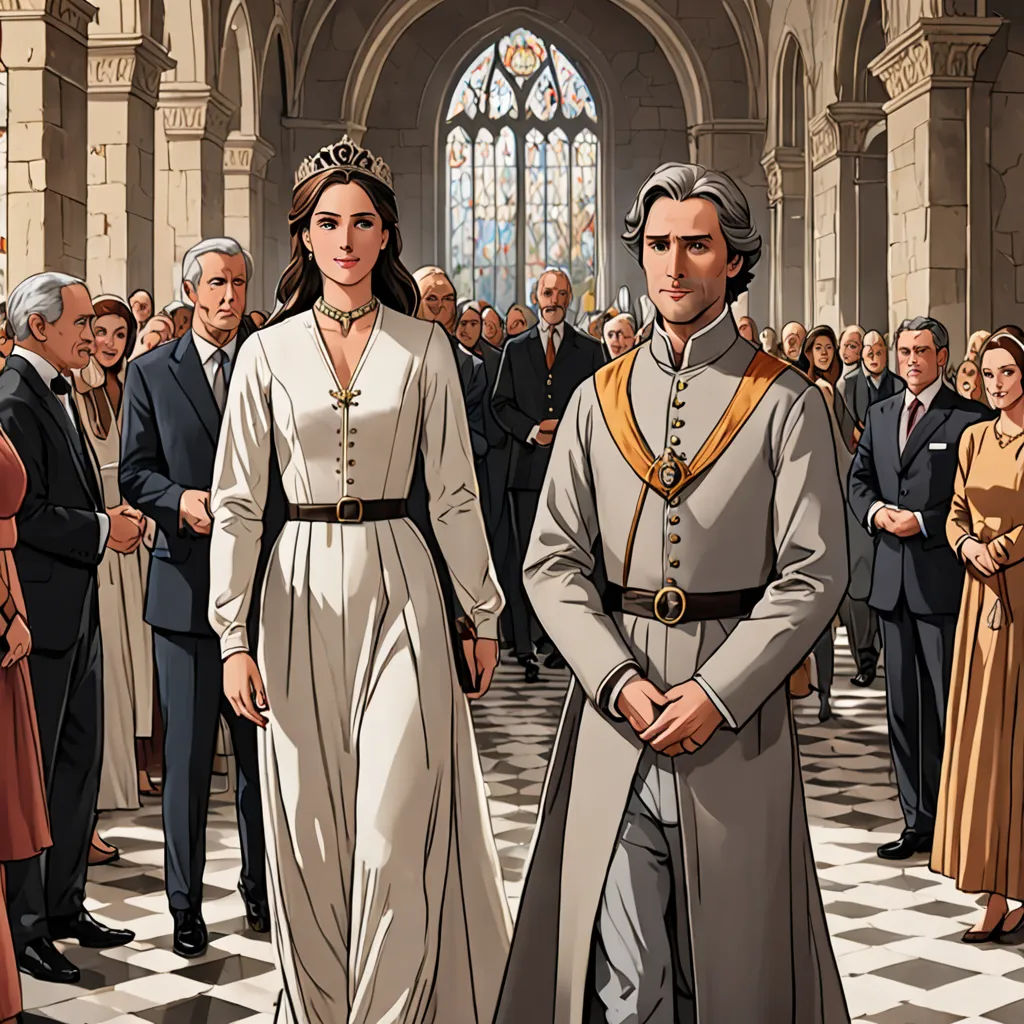 a man and woman in medieval dress standing in front of a crowd of people in a church with a priest, sots art, a comic book panel, Florence Engelbach, official art