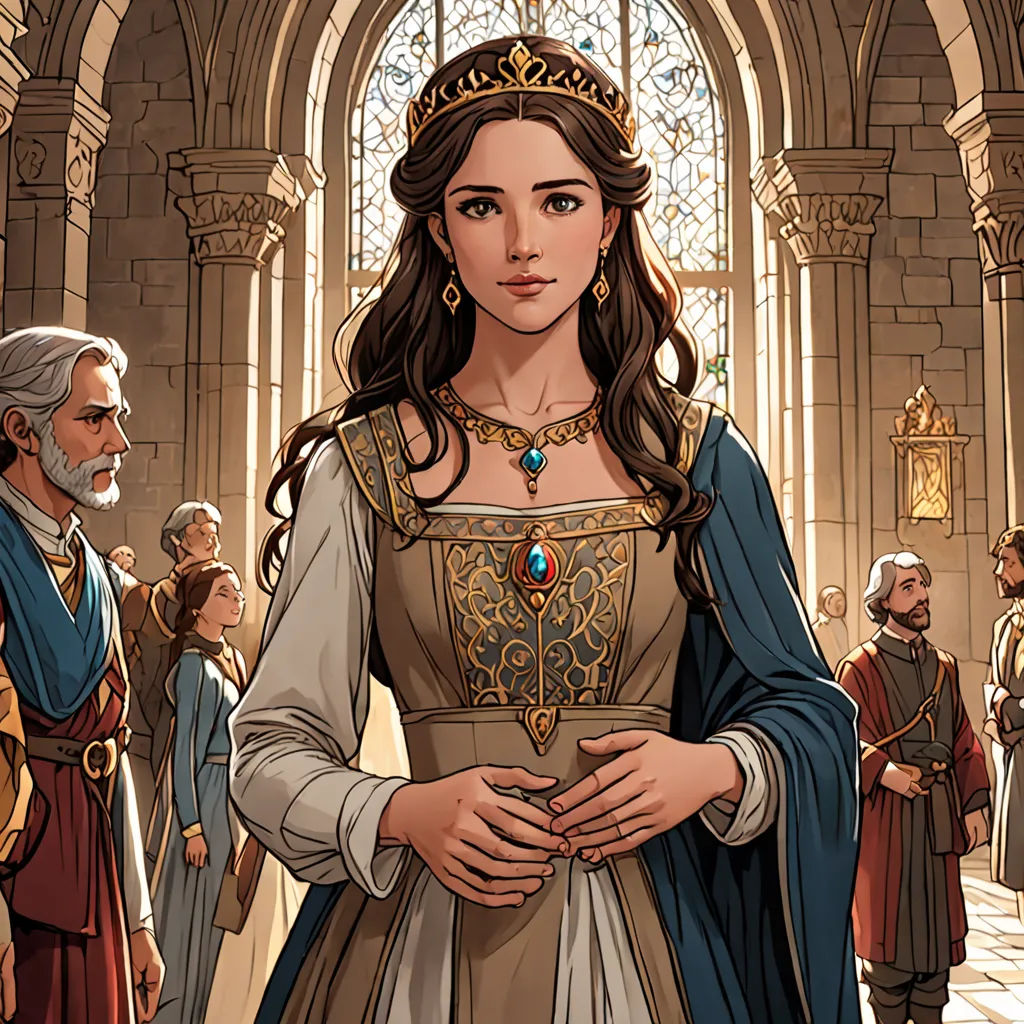 a woman in a medieval dress standing in front of a group of people in a church with a stained glass window, fantasy art, a comic book panel, Caroline Chariot-Dayez, official art