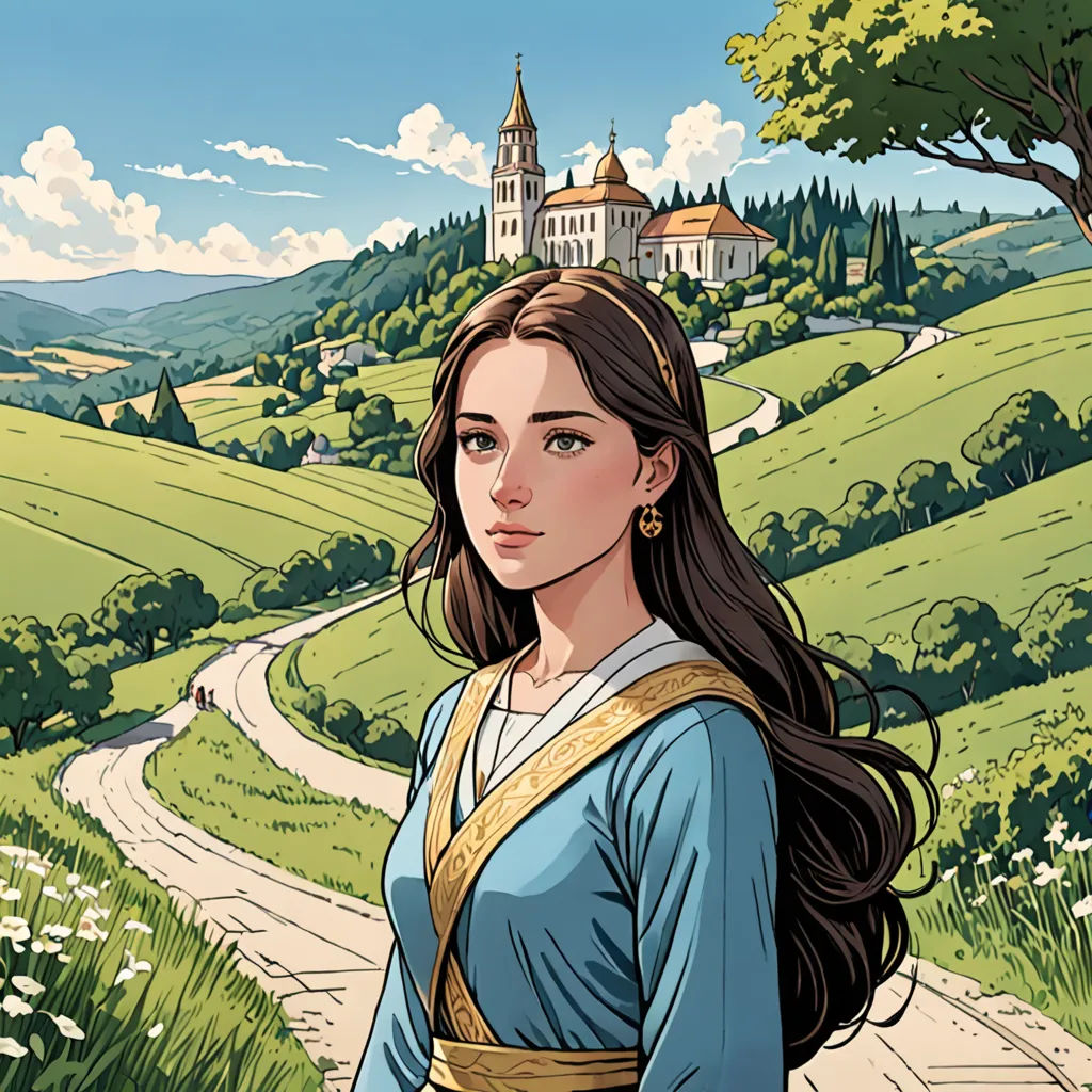 a woman in a blue dress standing in front of a castle and a road with a castle in the background, fantasy art, a comic book panel, Edgar Ainsworth, comic cover art