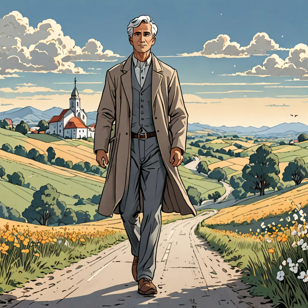 a man walking down a road with a church in the background and a sky with clouds above him,, arts and crafts movement, a comic book panel, David Brewster, official art