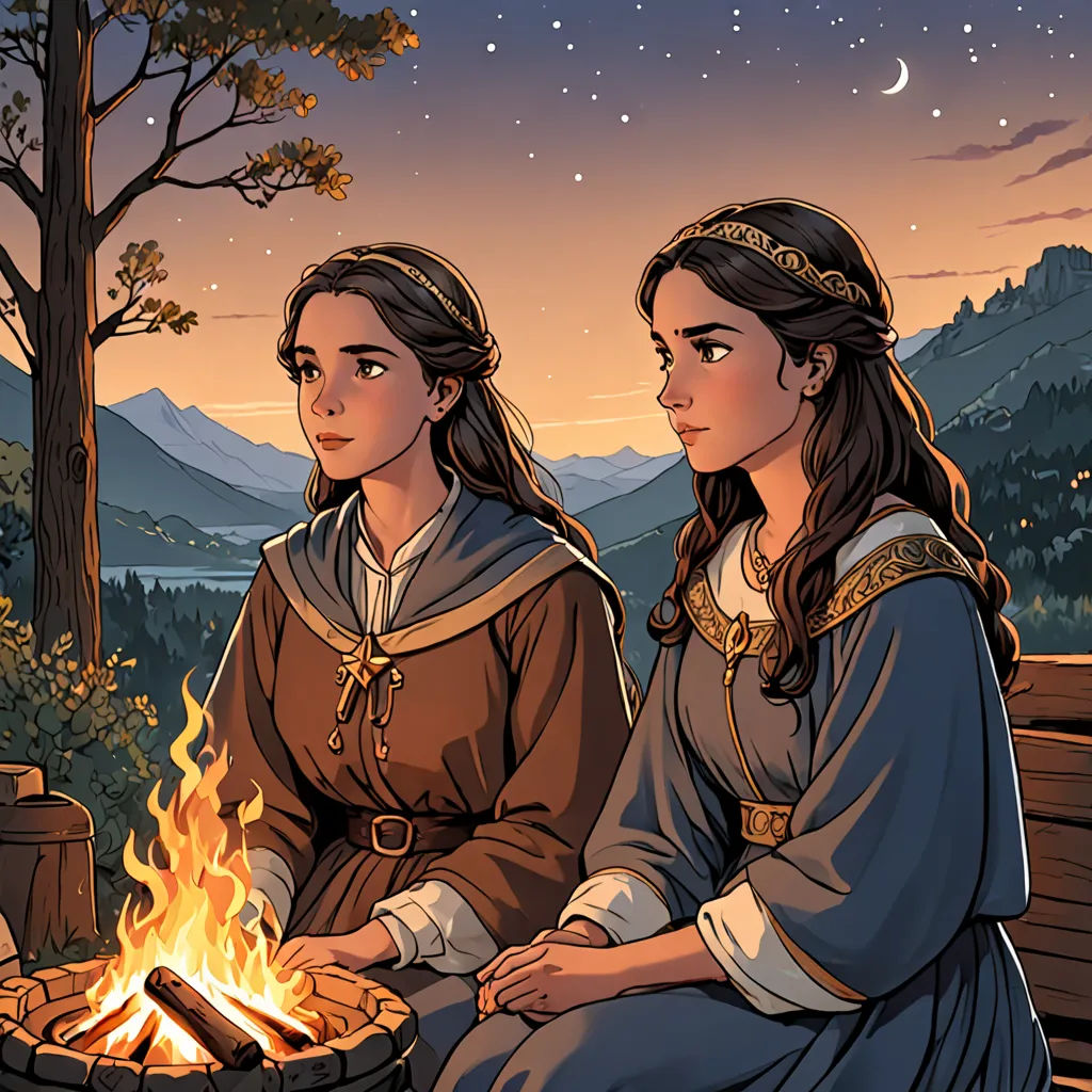 two women sitting next to each other near a fire pit in the woods at night time, with a full moon in the sky, fantasy art, a storybook illustration, Brothers Hildebrandt, official art