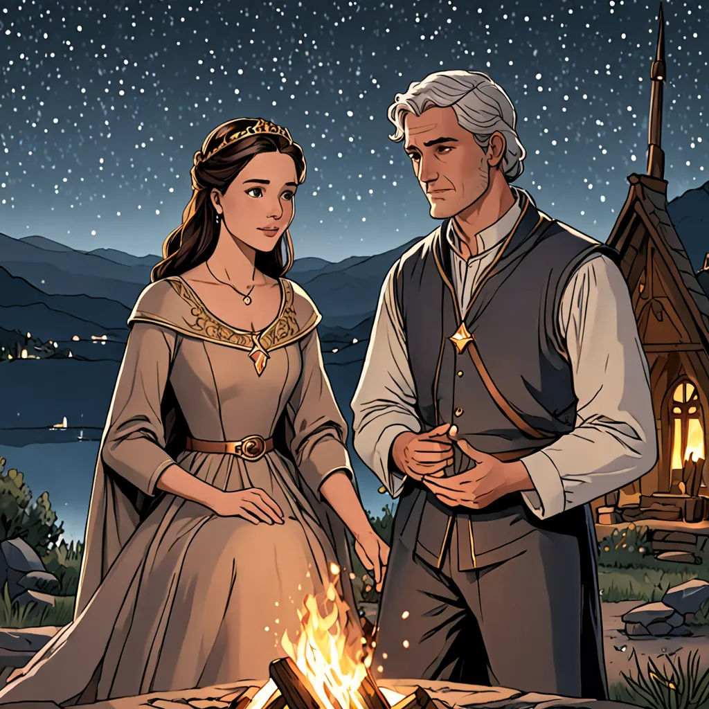 a man and a woman standing next to a fire in a field at night with a sky full of stars, romanticism, a comic book panel, Ada Gladys Killins, official art