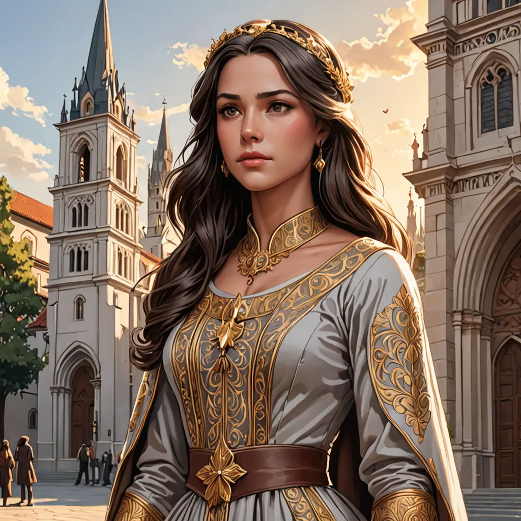 a woman in a medieval dress standing in front of a church with a clock tower in the background and a man in a suit and tie, fantasy art, a detailed painting, Clint Cearley, epic fantasy character art