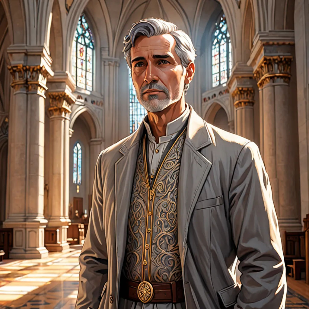 a man in a suit and tie standing in a church with a stained glass window behind him and a stained glass window behind him, sots art, a character portrait, Donato Giancola, character portrait