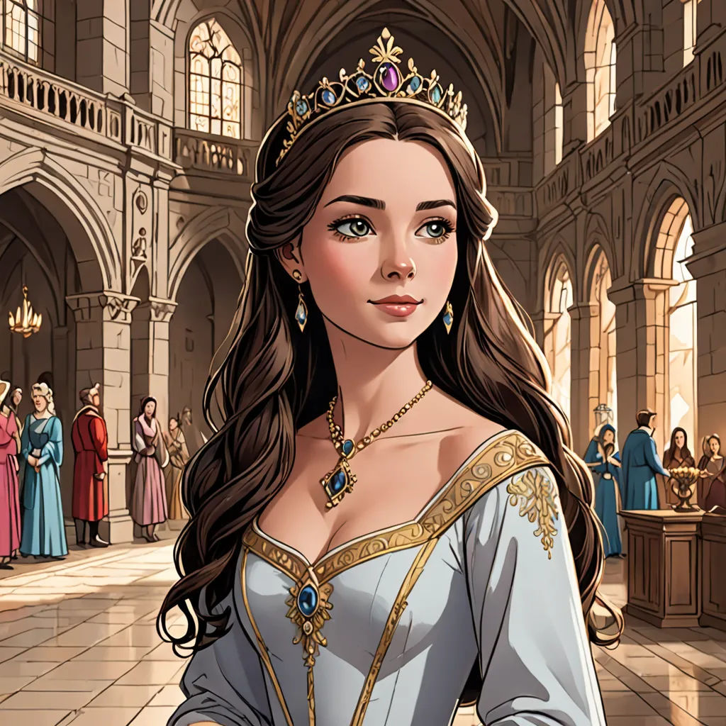 a woman in a dress with a tiara on in a building with people around her and a clock, fantasy art, a character portrait, Anne Stokes, beautiful detailed