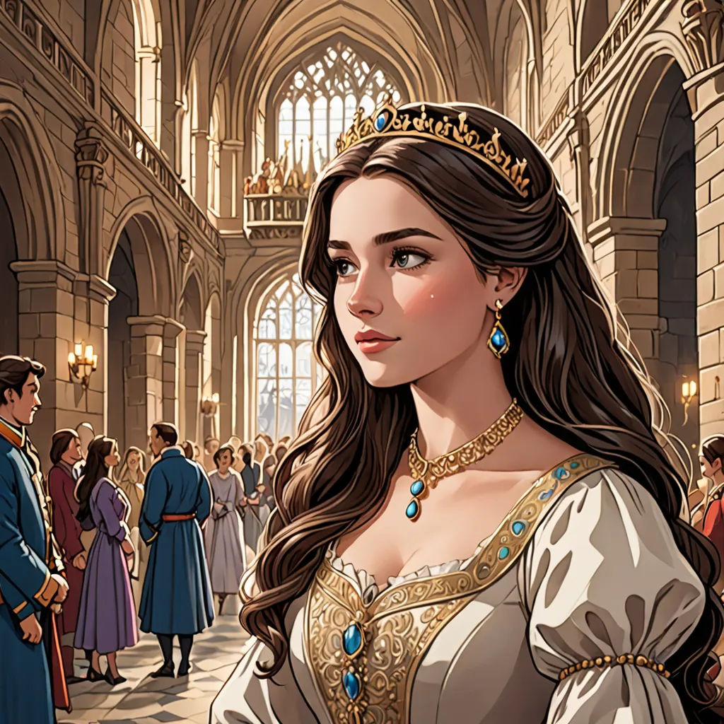 a woman in a white dress standing in a room with people in it and a man in a blue suit, fantasy art, a storybook illustration, Charlie Bowater, rossdraws global illumination