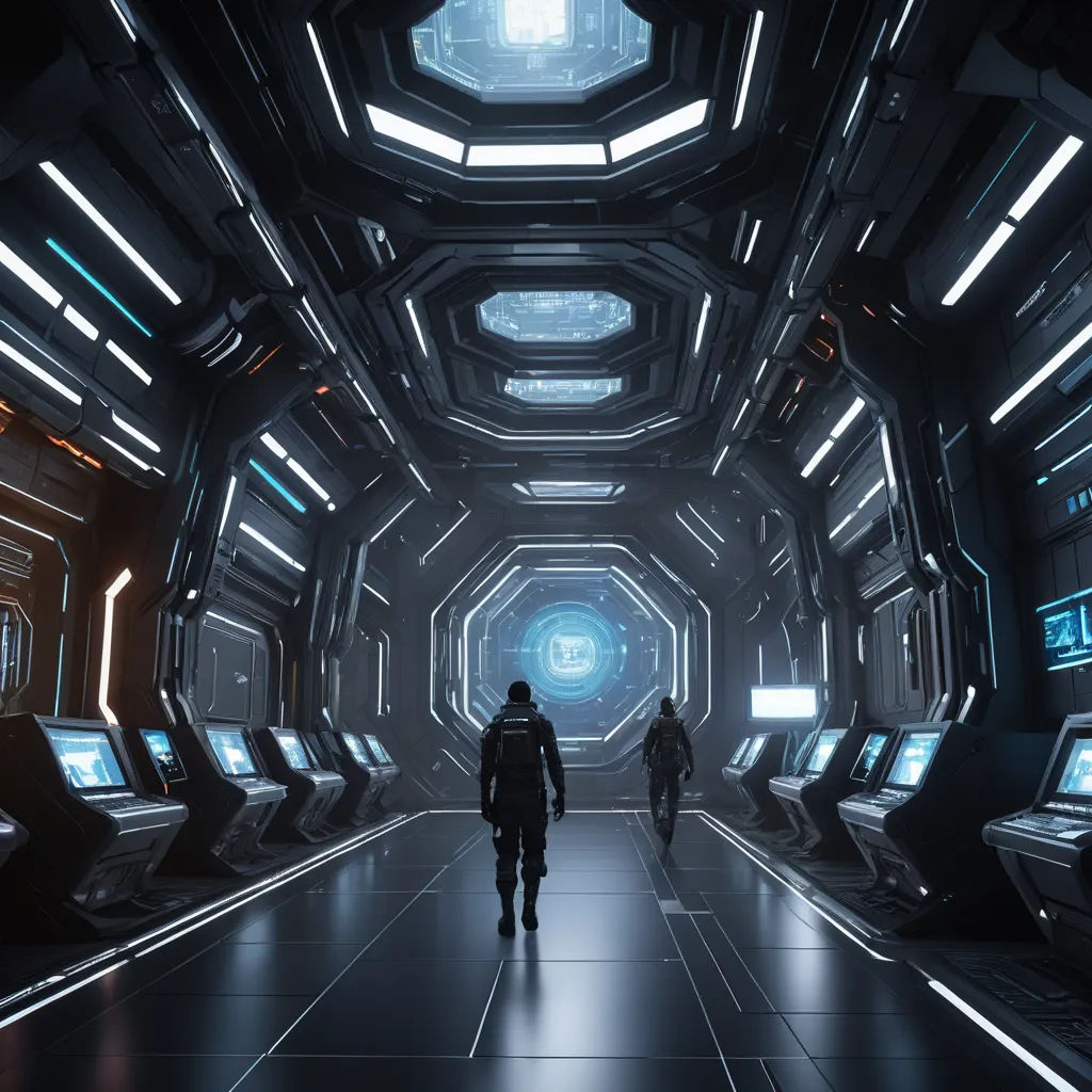 two people walking down a dark corridor with lights on the ceiling and a man in a black suit walking towards the camera, space art, computer graphics, Eve Ryder, star citizen halo