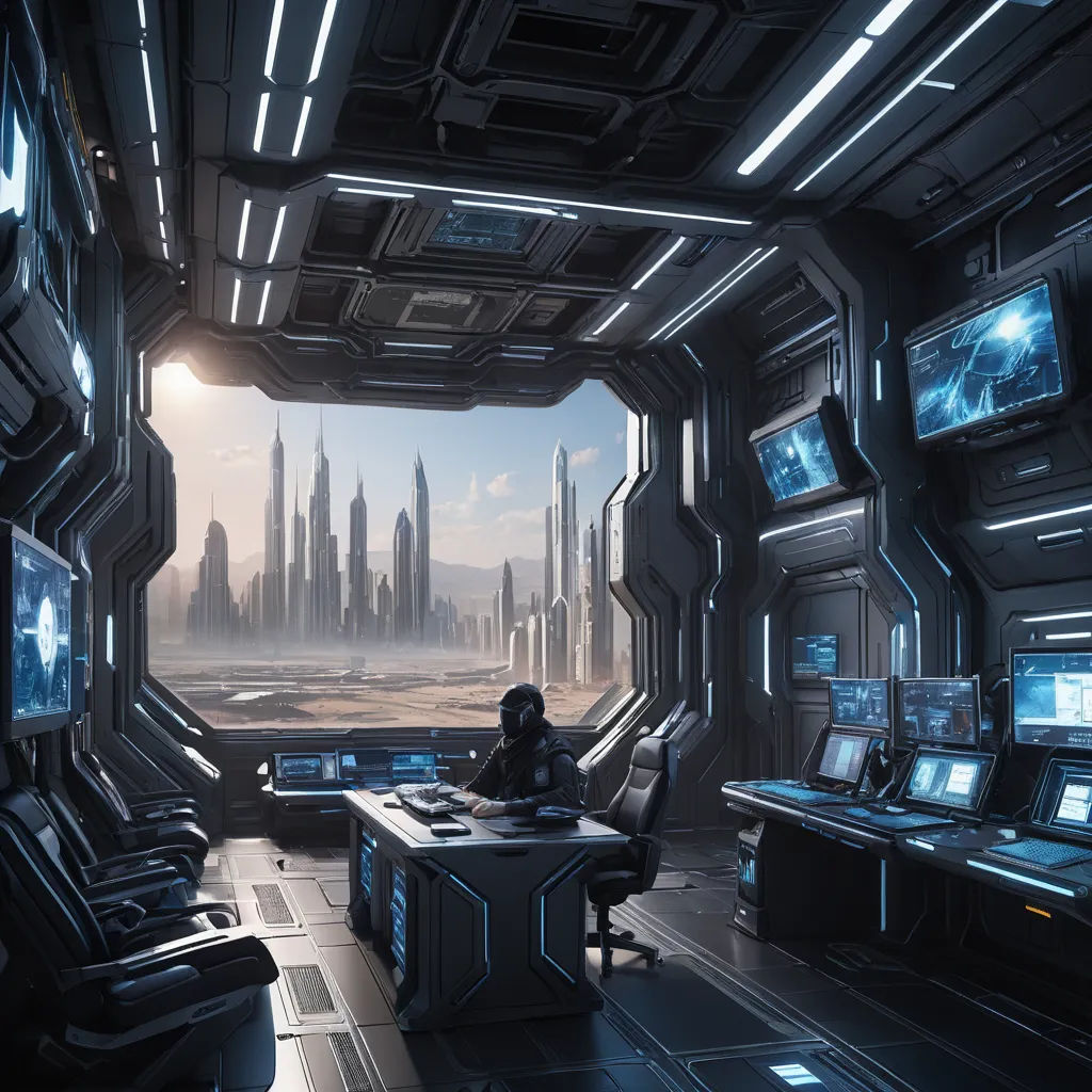 a sci - fi room with a futuristic city in the background and a man sitting at a desk in the middle, space art, a detailed matte painting, Beeple, sci-fi