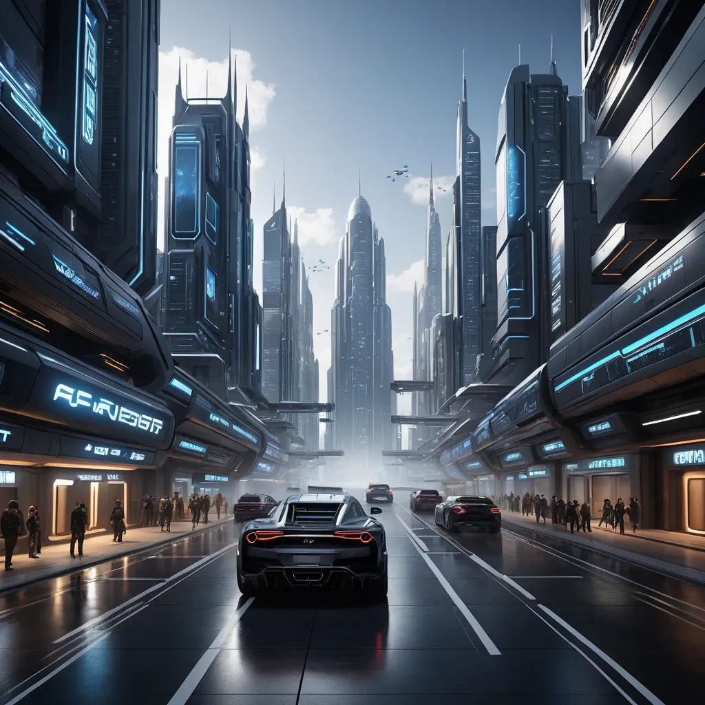 a futuristic city with a futuristic car driving through it's streets and people walking around it, and a futuristic city with futuristic buildings and skyscrapers in the background, retrofuturism, a detailed matte painting, Beeple, futuristic