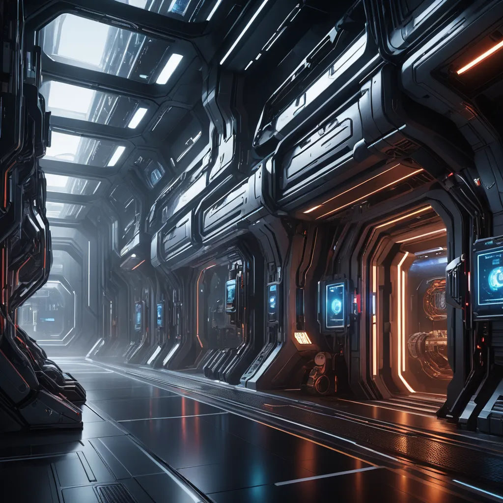 a sci - fi sci - fi corridor with lights and a monitor screen in the center of the corridor, space art, computer graphics, Eve Ryder, unreal engine 4k