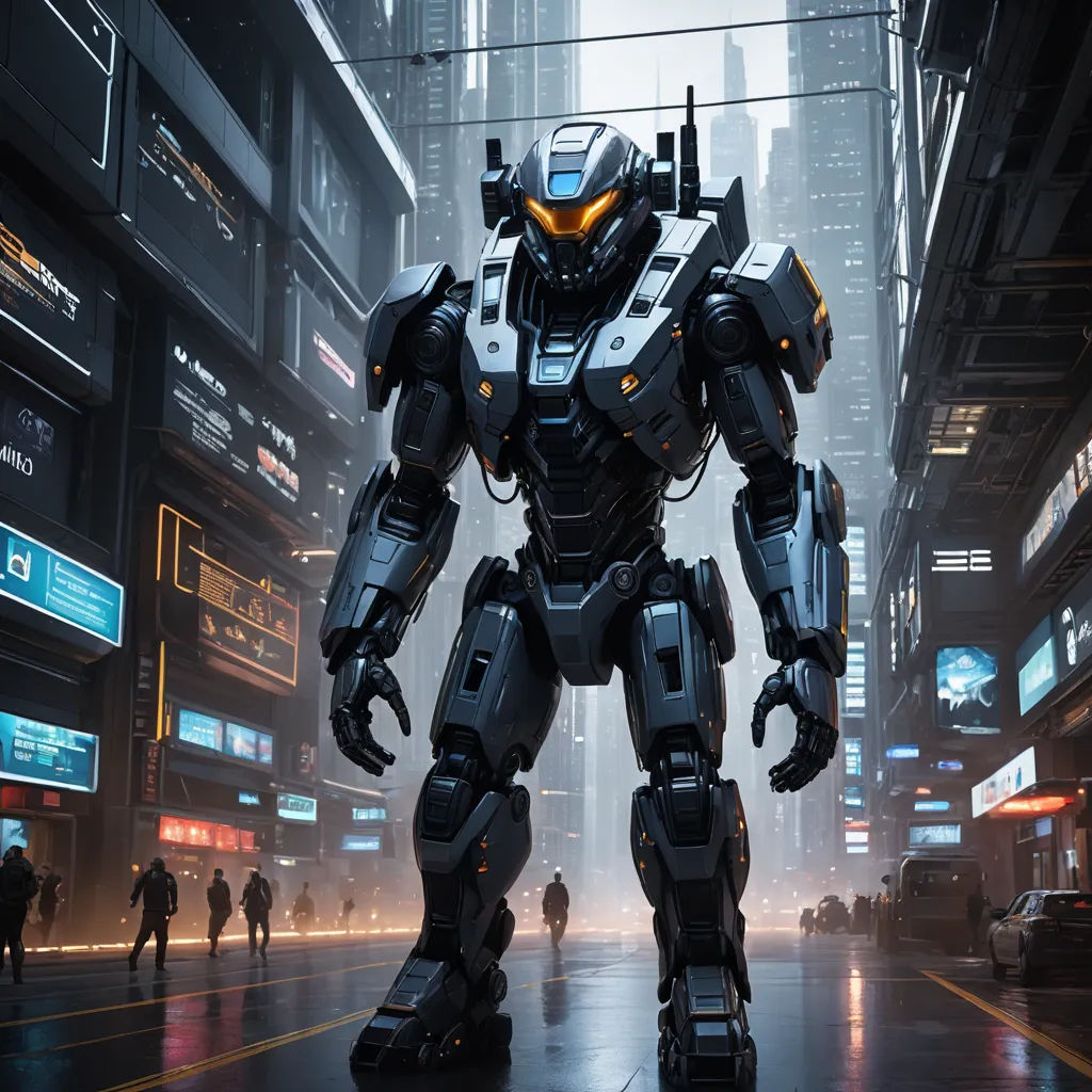 a robot standing in a city street in front of a building with people walking around it and a man in a suit, futurism, cyberpunk art, Beeple, mecha
