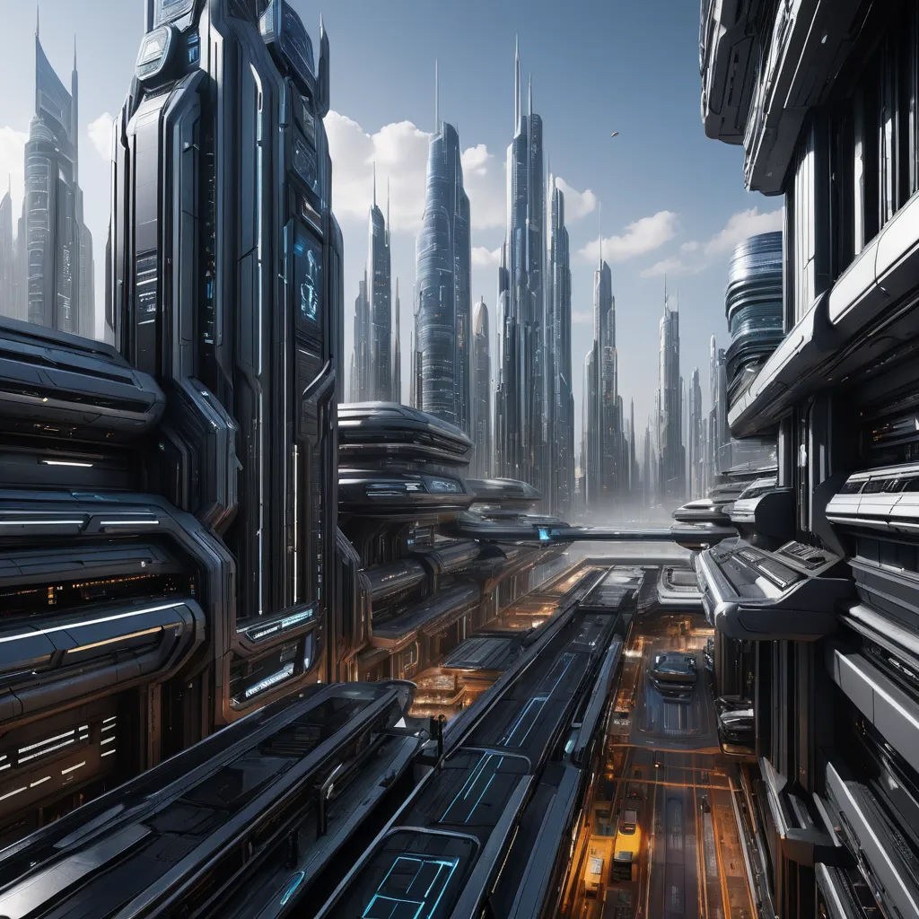 a futuristic city with a futuristic train station in the foreground and a futuristic city in the background with skyscrapers and a blue sky, afrofuturism, a detailed matte painting, Beeple, matte painting