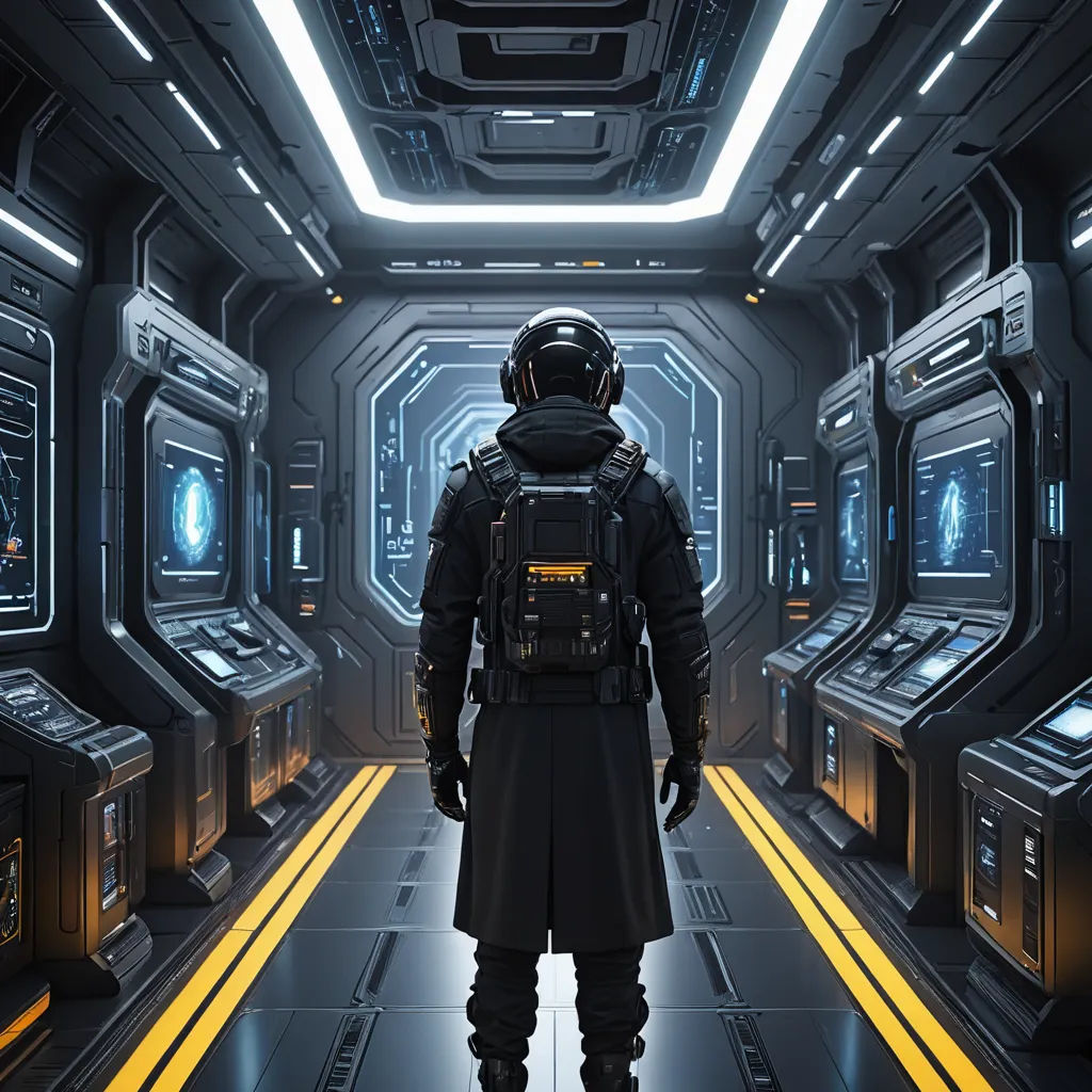 a man in a space suit is walking through a tunnel with yellow lights and a helmet on his head, space art, cyberpunk art, Filip Hodas, unreal engine 5 highly rendered