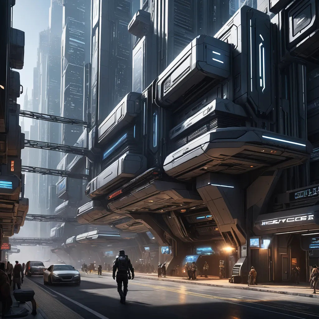 a futuristic city with a man walking down the street in front of a futuristic building with a futuristic design, futurism, a detailed matte painting, Eve Ryder, star citizen halo