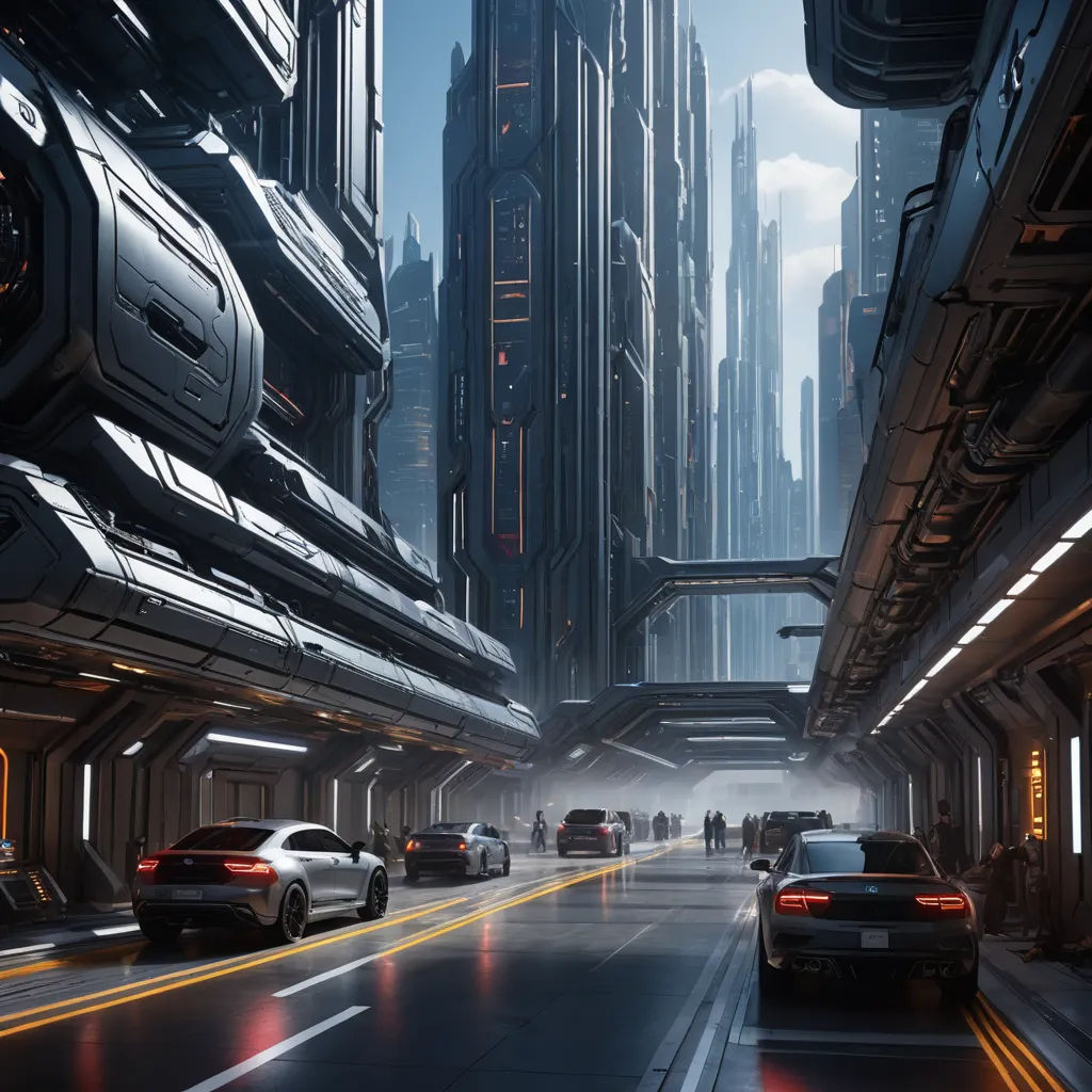 a futuristic city with cars driving down a street in the middle of the night with a clock on the wall, futurism, a detailed matte painting, Cedric Peyravernay, unreal 5