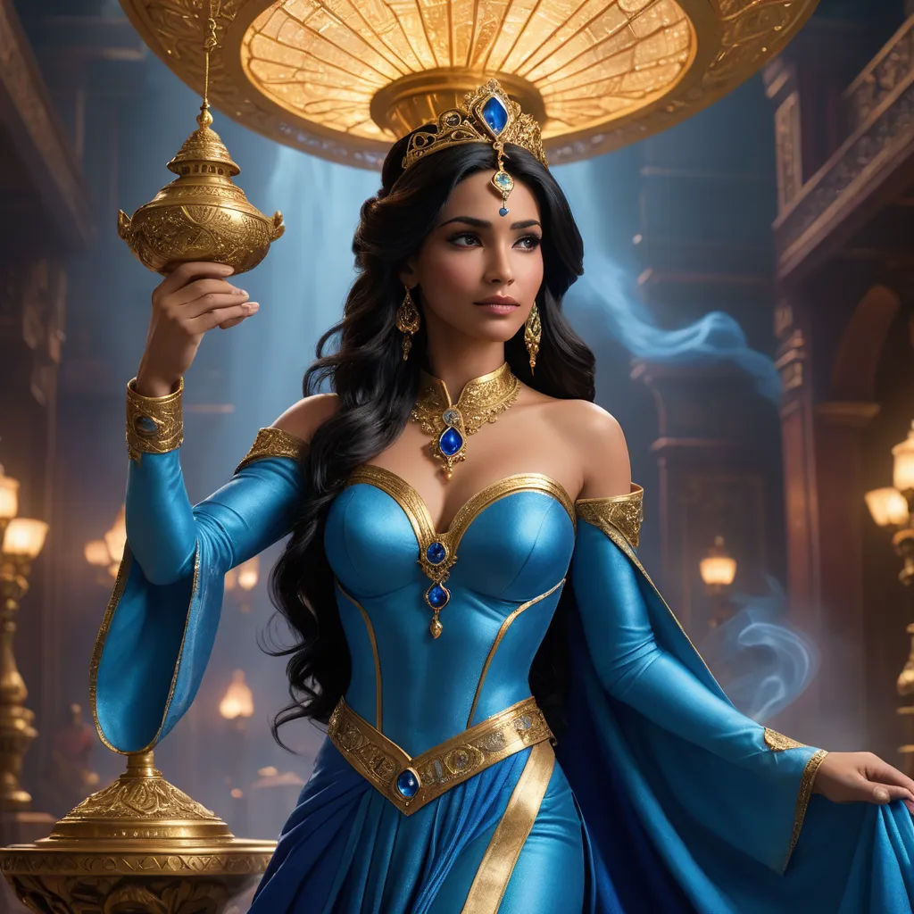 a woman dressed in a blue and gold costume holding a golden lamp in her hand and a blue dress with gold trim, fantasy art, a detailed matte painting, Edwin Georgi, epic fantasy character art