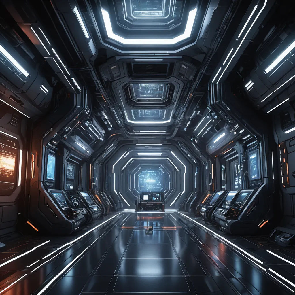 a sci - fi tunnel with lights and a man in the middle of it is shown in the middle of the image, space art, a computer rendering, Filip Hodas, unreal engine render