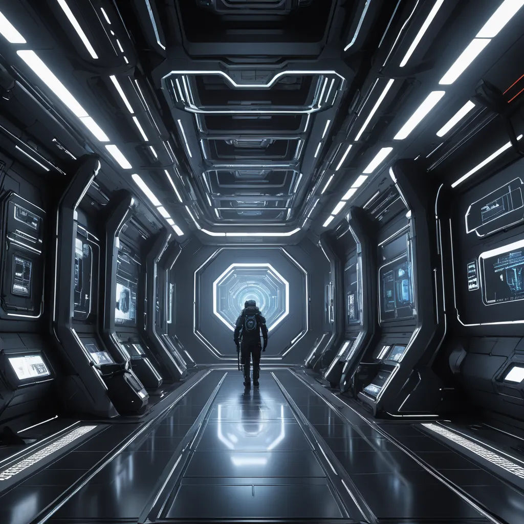 a man standing in a futuristic looking room with lights on the ceiling and a man in a black suit, space art, computer graphics, Eve Ryder, star citizen halo