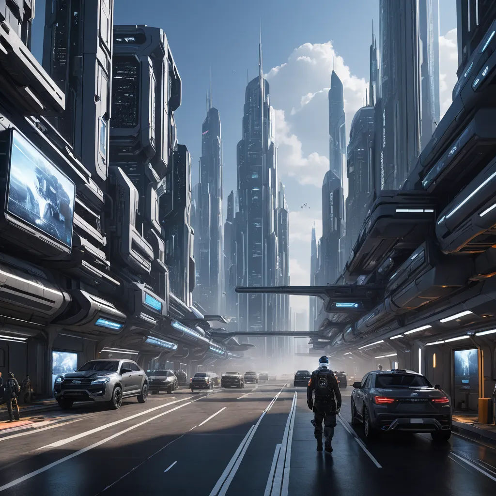 a man walking down a street in a futuristic city with tall buildings and cars on both sides of the street, futurism, a detailed matte painting, Cedric Peyravernay, star citizen halo
