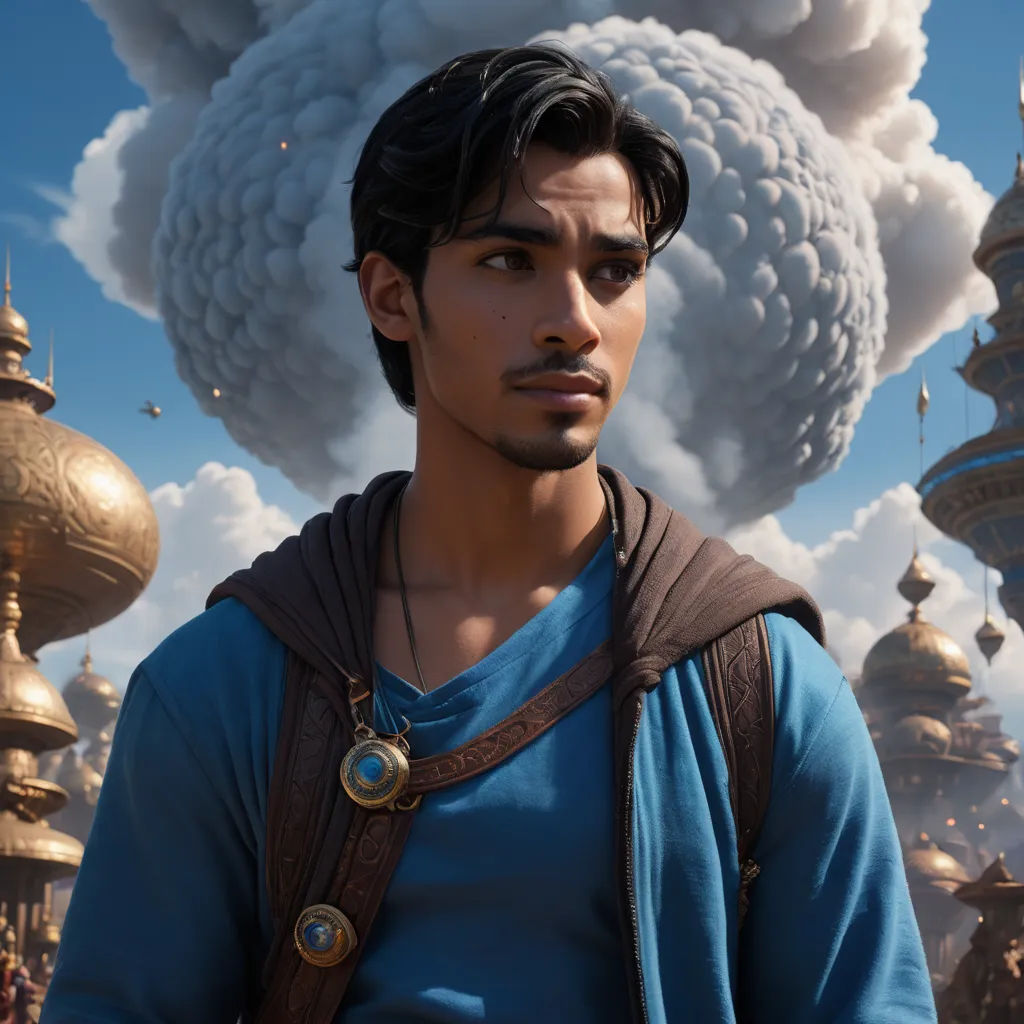 a man in a blue shirt and a brown backpack standing in front of a large cloud of smoke and steam, photorealism, a detailed matte painting, Chris LaBrooy, unreal engine highly rendered