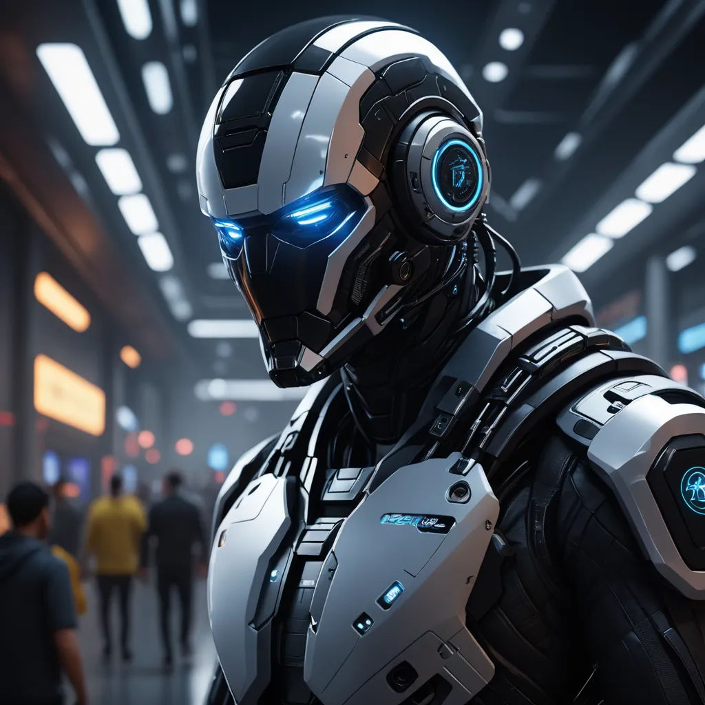 a robot in a futuristic city with people walking around it and a man in a suit with glowing eyes, futurism, a computer rendering, Eve Ryder, unreal engine 5 highly rendered