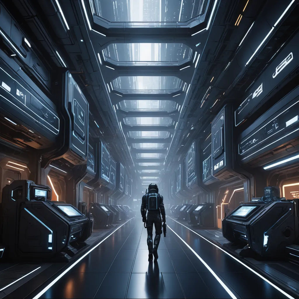 a man walking down a hallway in a futuristic city with neon lights on the ceiling and a sci - fi theme, light and space, computer graphics, Eve Ryder, star citizen halo