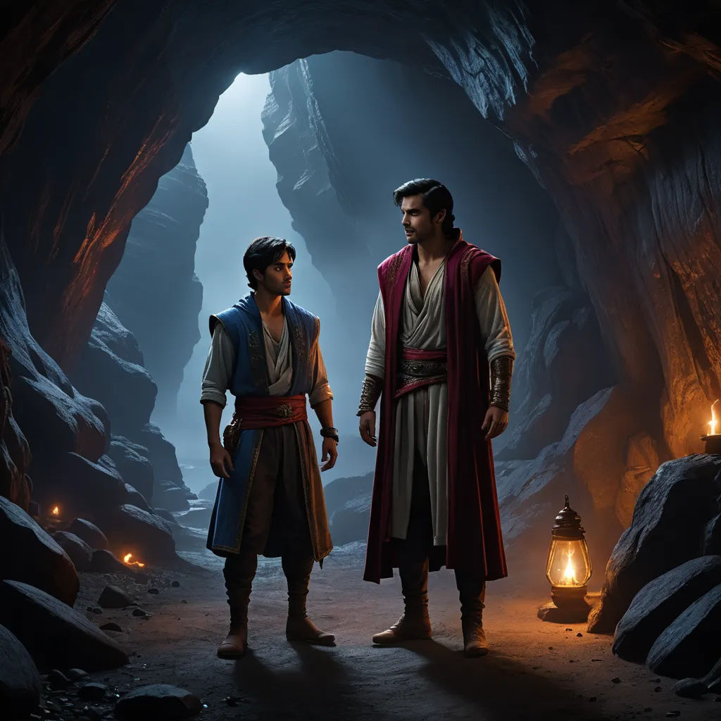 two men standing in a cave with torches in their hands and a lantern in the other hand, both wearing robes, samikshavad, a cave painting, Altoon Sultan, promotional image