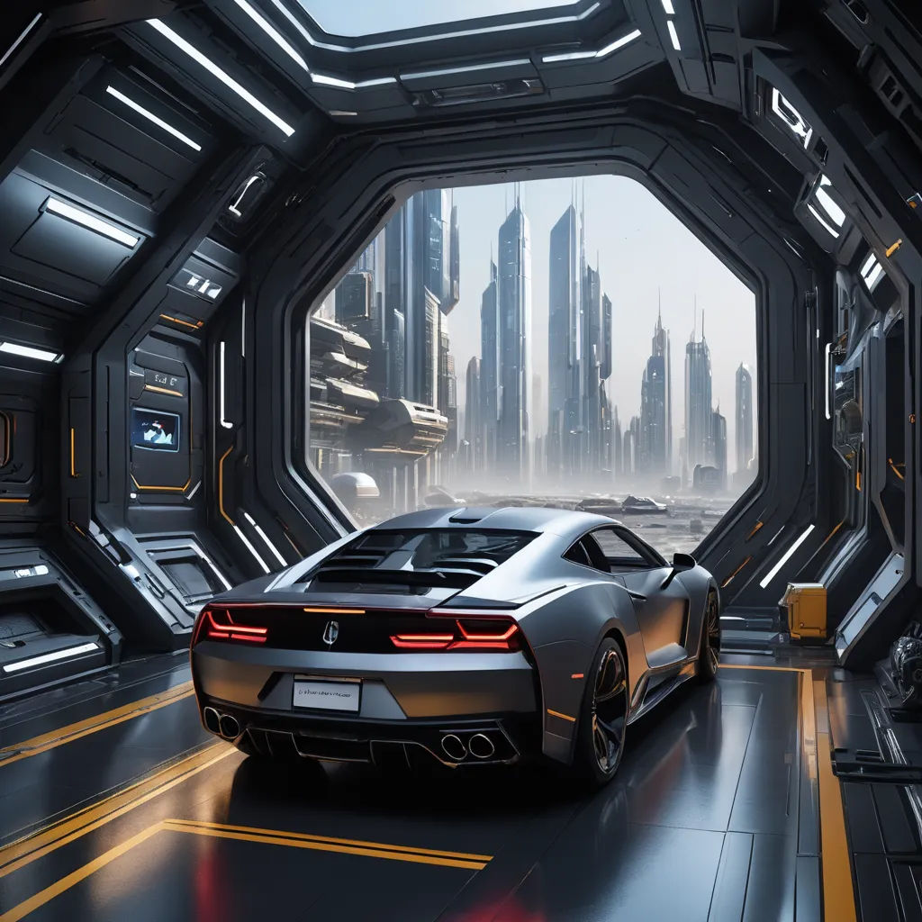 a futuristic car driving through a futuristic city tunnel with a futuristic city in the background and a futuristic city in the foreground, retrofuturism, a detailed matte painting, Beeple, unreal engine render