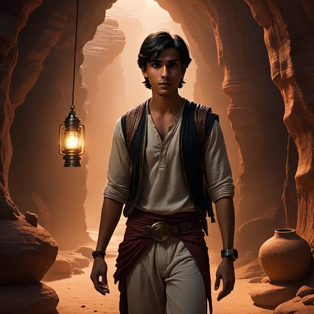 a man in a cave with a lantern hanging from his shoulder and a lantern hanging from his shoulder, with a light in the middle of the cave, samikshavad, a poster, Altoon Sultan, promotional image