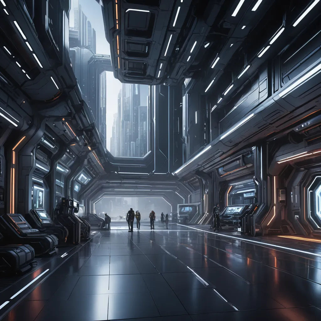 a sci - fi scene with people walking through a tunnel with lights on the ceiling and a city in the distance, space art, computer graphics, Filip Hodas, unreal engine 4k