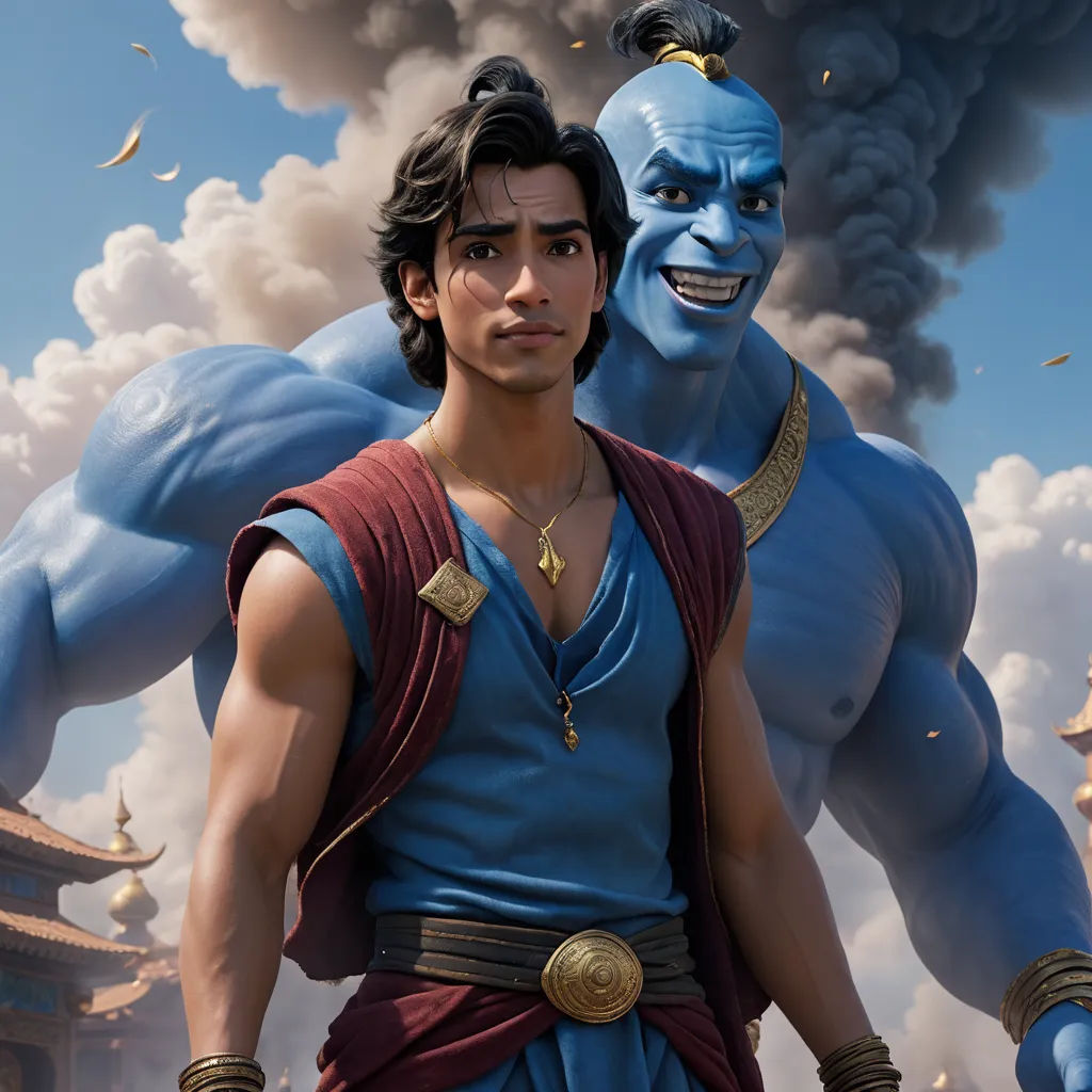 a man in a blue outfit standing next to a blue man in a red and blue outfit with a blue face, cloisonnism, a poster, Don Bluth, unreal 5 render