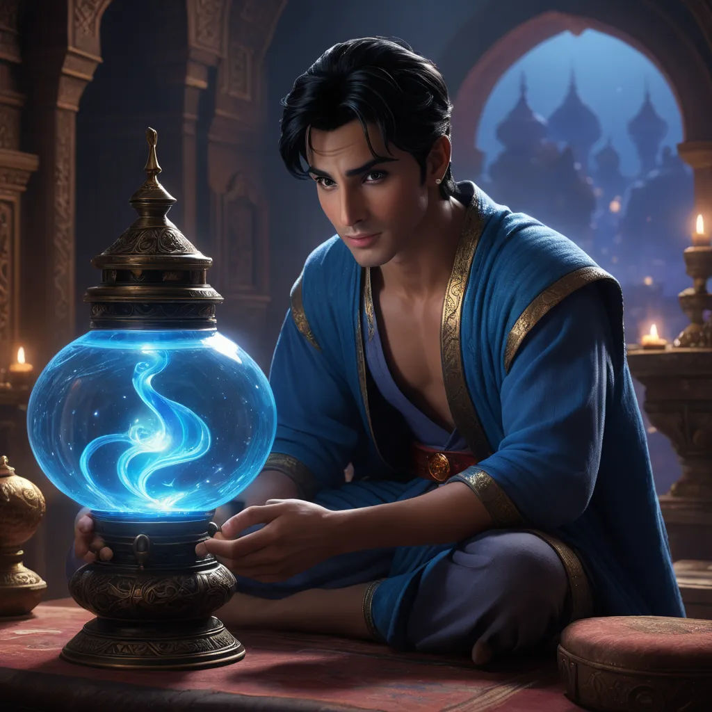 a man in a blue outfit is holding a glowing ball in his hands and sitting on a table in front of a window, cloisonnism, a hologram, Altoon Sultan, rossdraws global illumination