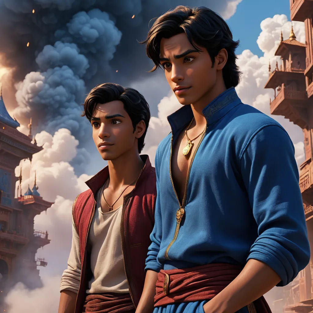 two young men standing next to each other in front of a building with smoke pouring out of it and a clock tower in the background, sots art, a poster, Altoon Sultan, rossdraws global illumination