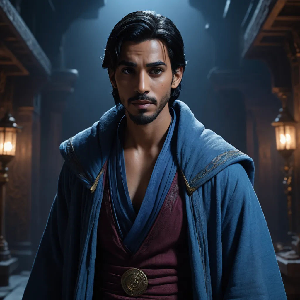a man in a robe and a robe on his head in a dark room with lights on the ceiling, dau-al-set, a character portrait, Altoon Sultan, vfx