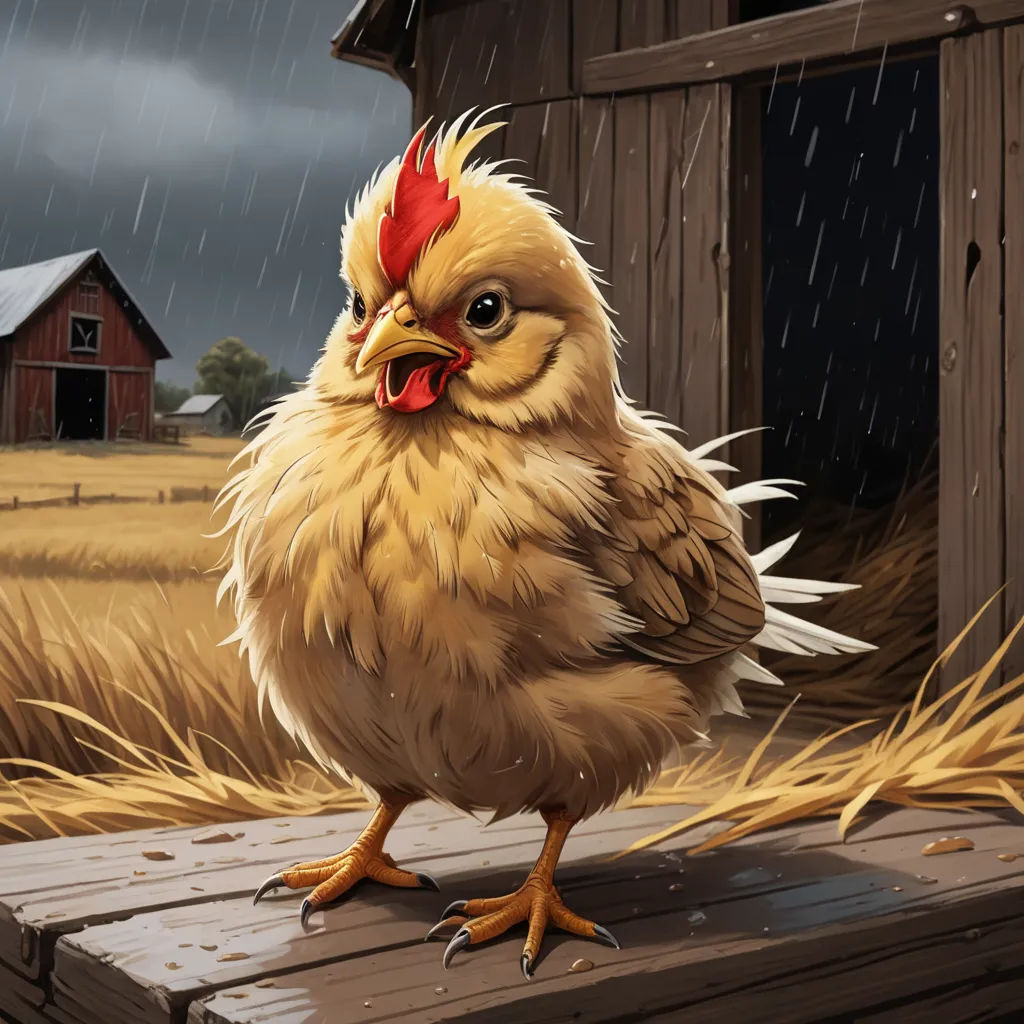 a chicken standing on a wooden platform in the rain with a barn in the background and a red barn in the background, american scene painting, a storybook illustration, Chris LaBrooy, highly detailed digital painting