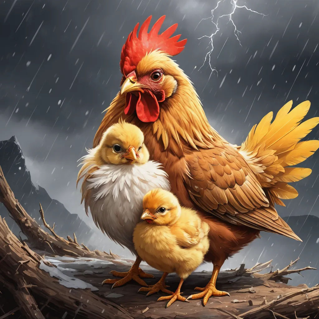 a chicken and a chickenling are standing on a branch in the rain with a lightning in the background, massurrealism, a digital painting, Cyril Rolando, highly detailed digital painting
